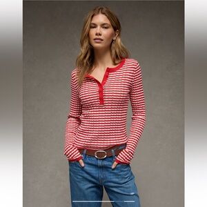 American Eagle red stripe pointelle henley sweater ling sleeve top